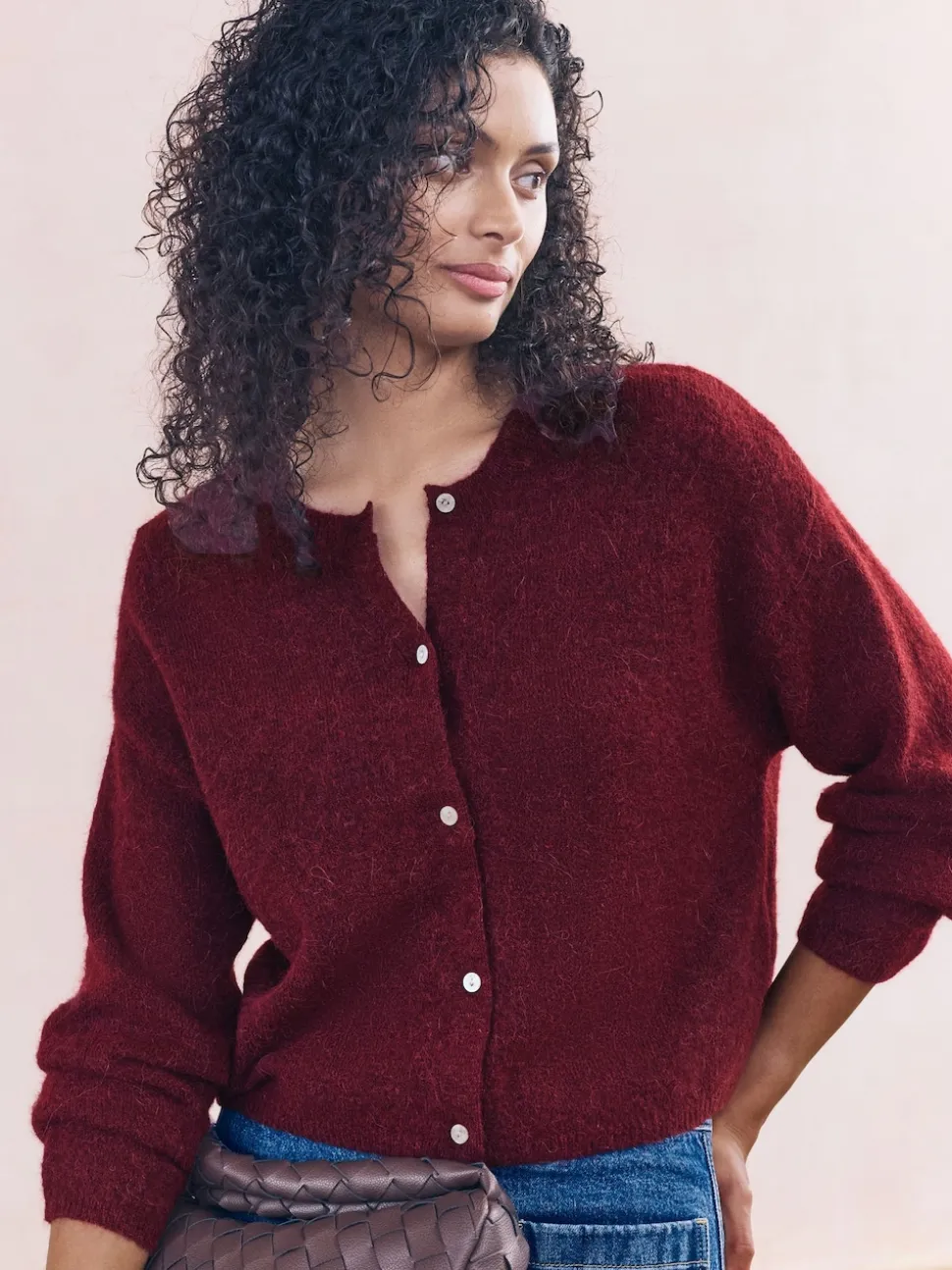 Berry Red Soft Touch Crew Neck Knitted Cardigan With Wool