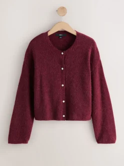 Berry Red Soft Touch Crew Neck Knitted Cardigan With Wool