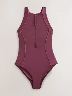 Berry Wine Active High Neck Tummy Control Swimsuit