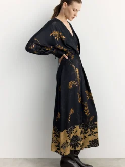 BHOEM Satin Floral Print Kimono Midi Black Dress