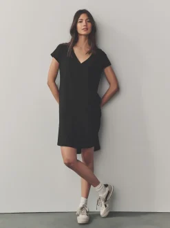 Black 100% Cotton Cap Sleeve V-Neck Mini Dress