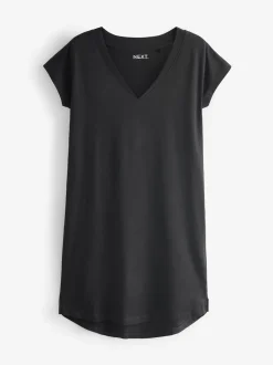 Black 100% Cotton Cap Sleeve V-Neck Mini Dress