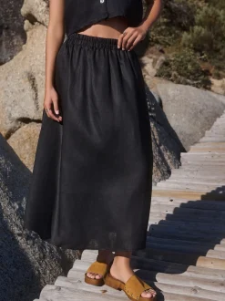 Black 100% Linen Midi Skirt