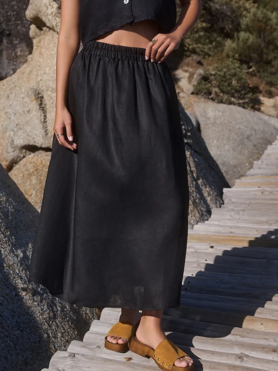 Black 100% Linen Midi Skirt