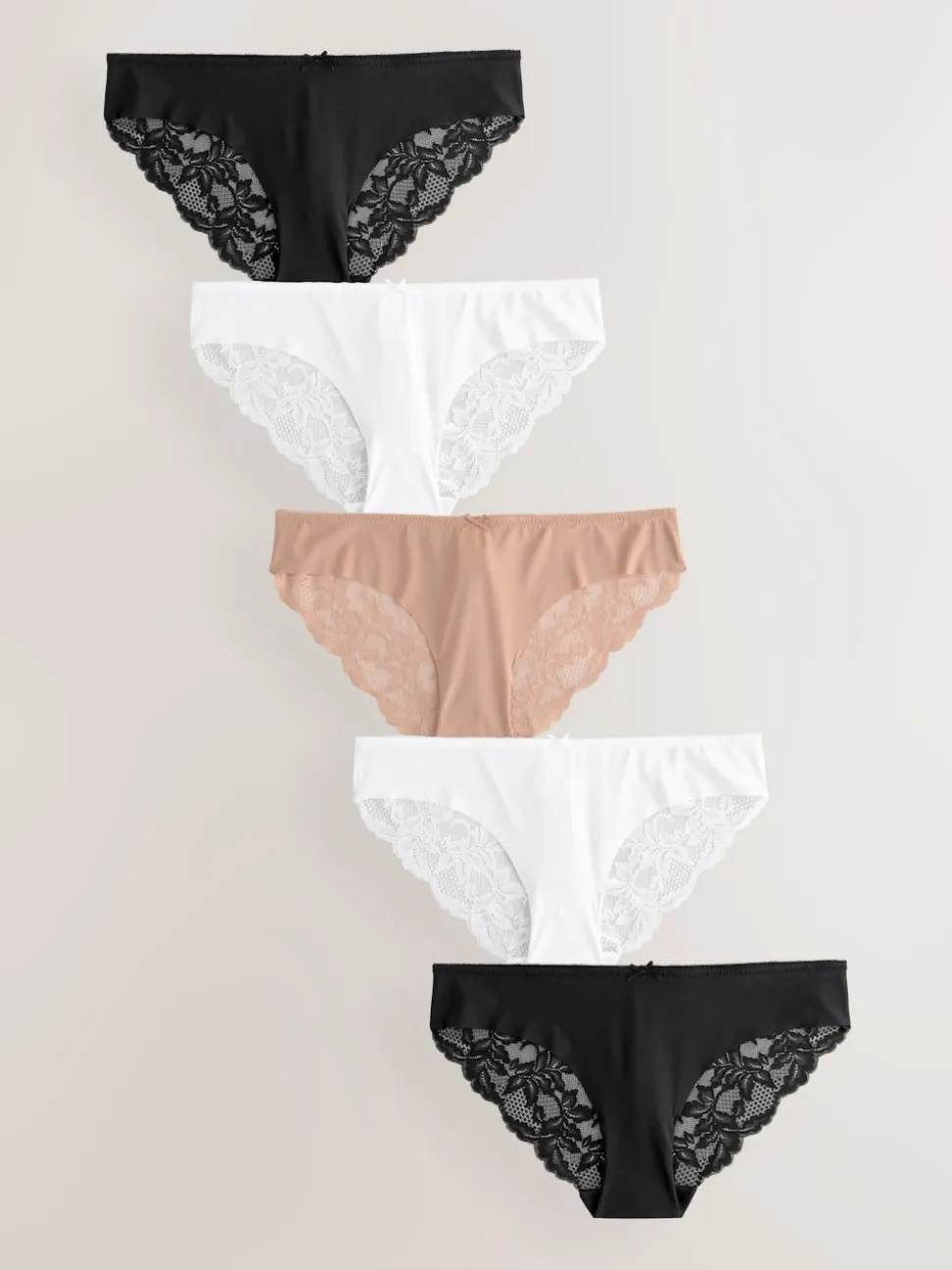 Black / White / Praline Nude Brazilian No VPL Lace Back Briefs 5 Pack