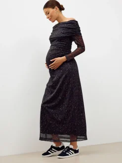 Black Animal Print Maternity Mesh Bardot Dress