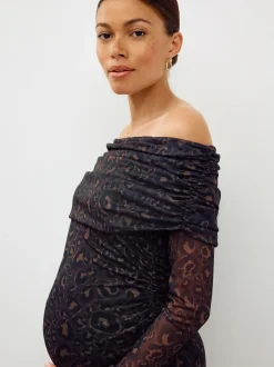 Black Animal Print Maternity Mesh Bardot Dress
