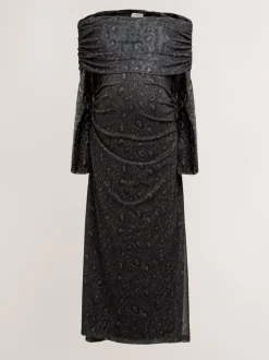 Black Animal Print Maternity Mesh Bardot Dress
