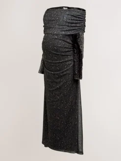 Black Animal Print Maternity Mesh Bardot Dress