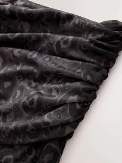 Black Animal Print Maternity Mesh Bardot Dress
