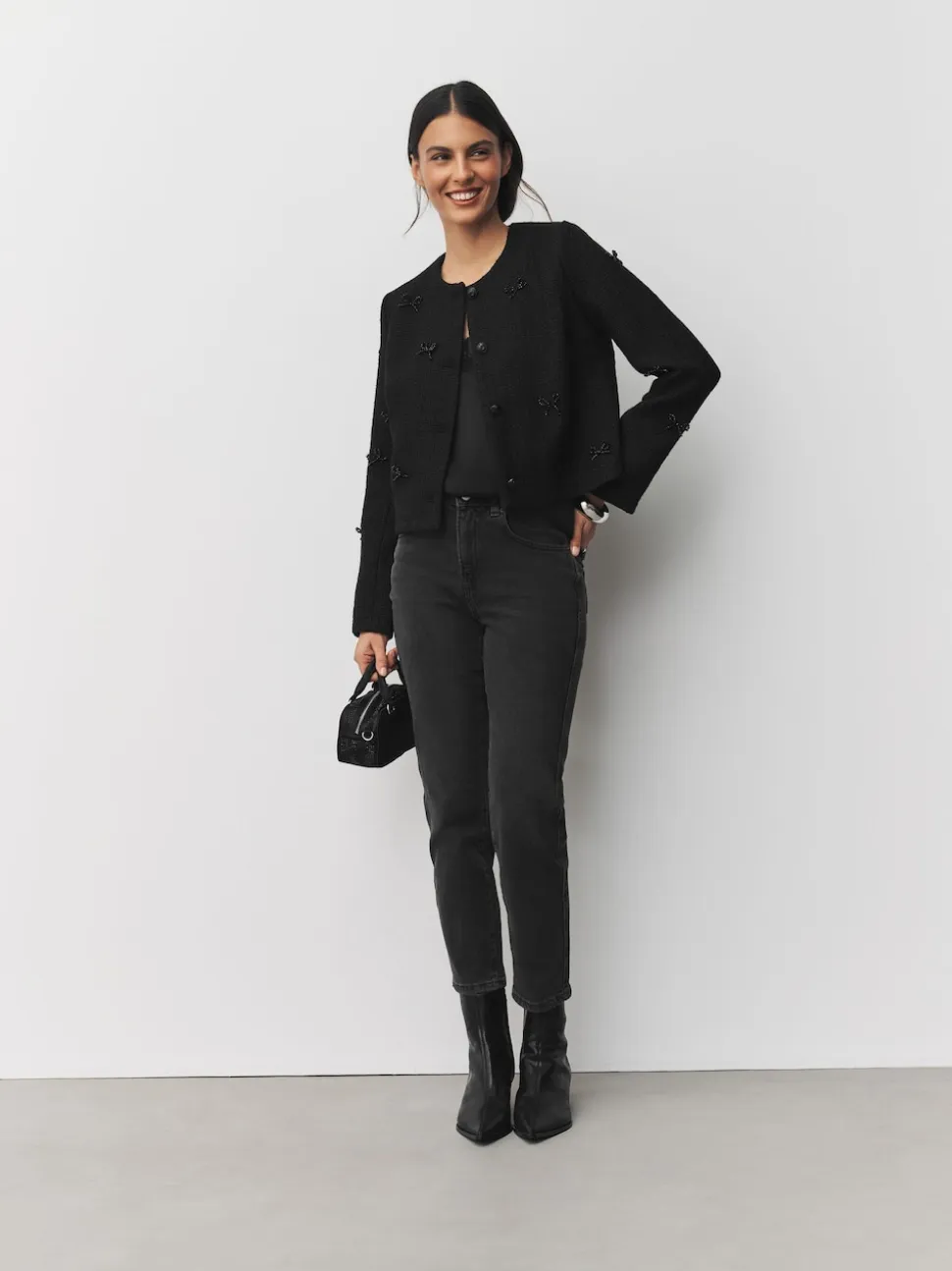 Black Beaded Bow Boucle Jacket