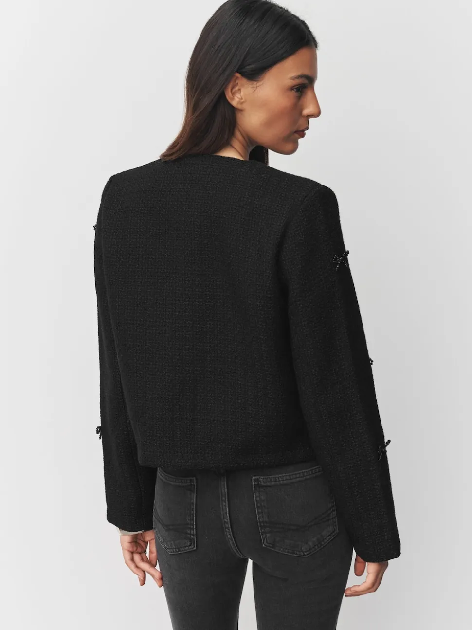 Black Beaded Bow Boucle Jacket