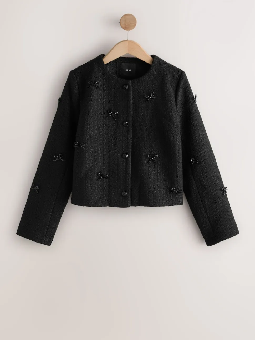 Black Beaded Bow Boucle Jacket