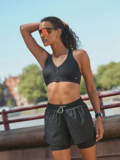 Black B-GG Active Sports High Impact Dry Tech Zip Front Bra