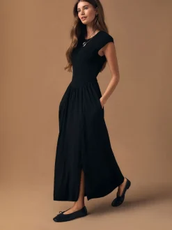 Black Cap Sleeve Shirred Body Jersey Midi Dress
