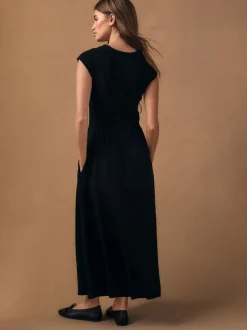 Black Cap Sleeve Shirred Body Jersey Midi Dress