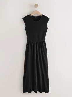 Black Cap Sleeve Shirred Body Jersey Midi Dress