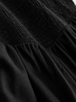 Black Cap Sleeve Shirred Body Jersey Midi Dress