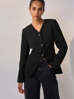 Black Collarless V-Neck Blazer