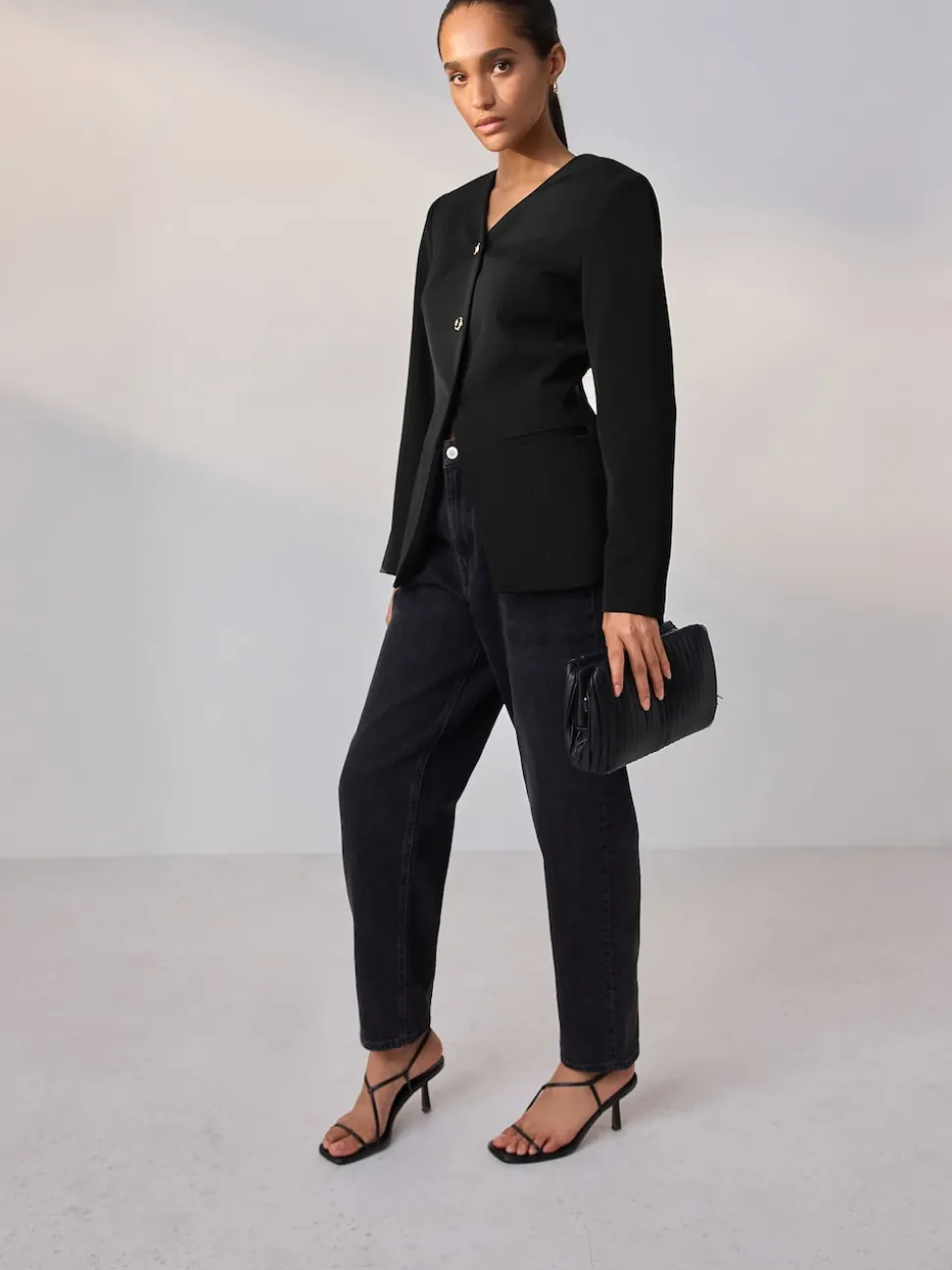 Black Collarless V-Neck Blazer