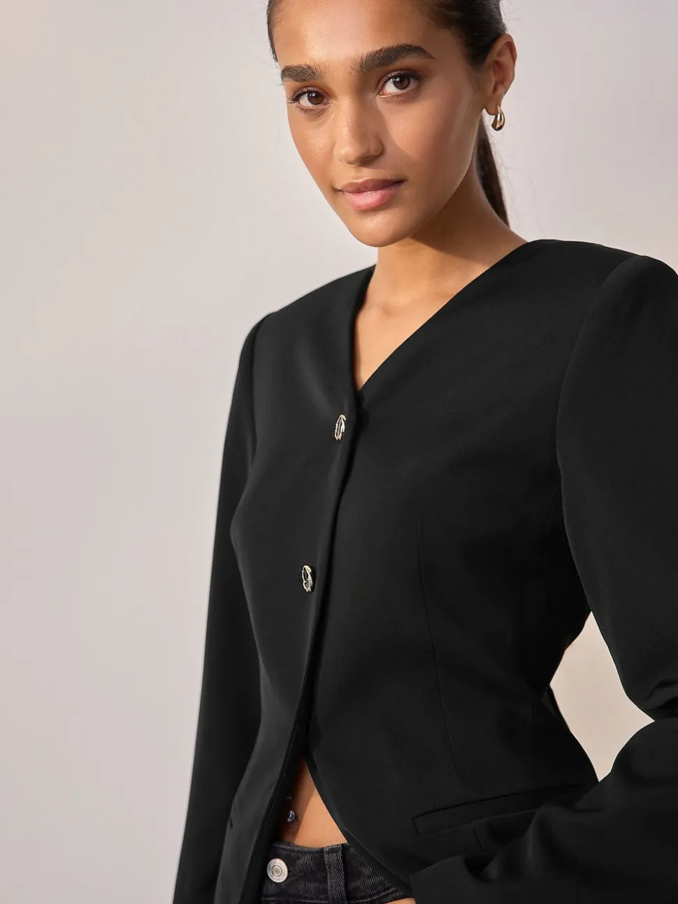 Black Collarless V-Neck Blazer