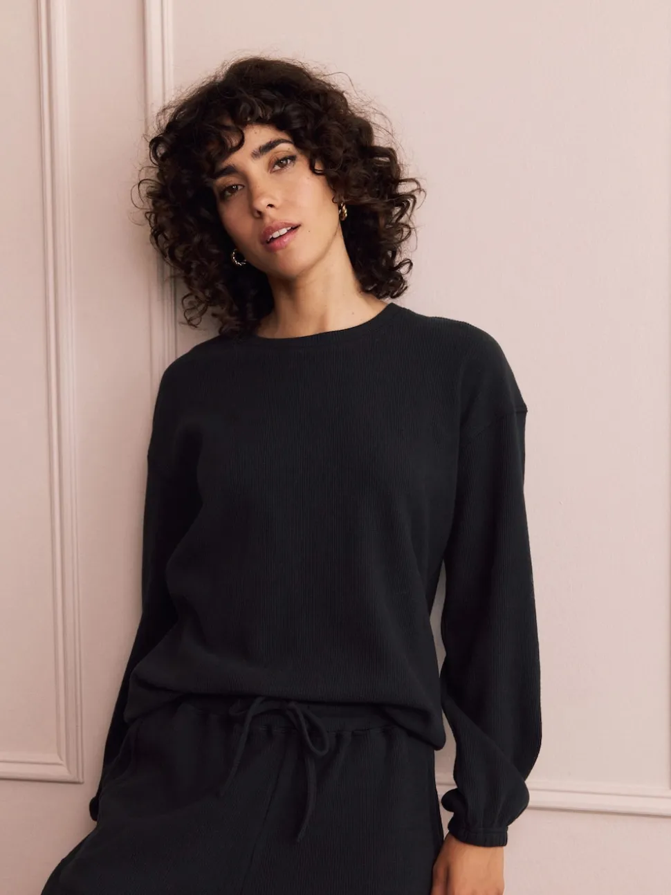 Black Cosy Waffle Long Sleeve Pyjamas