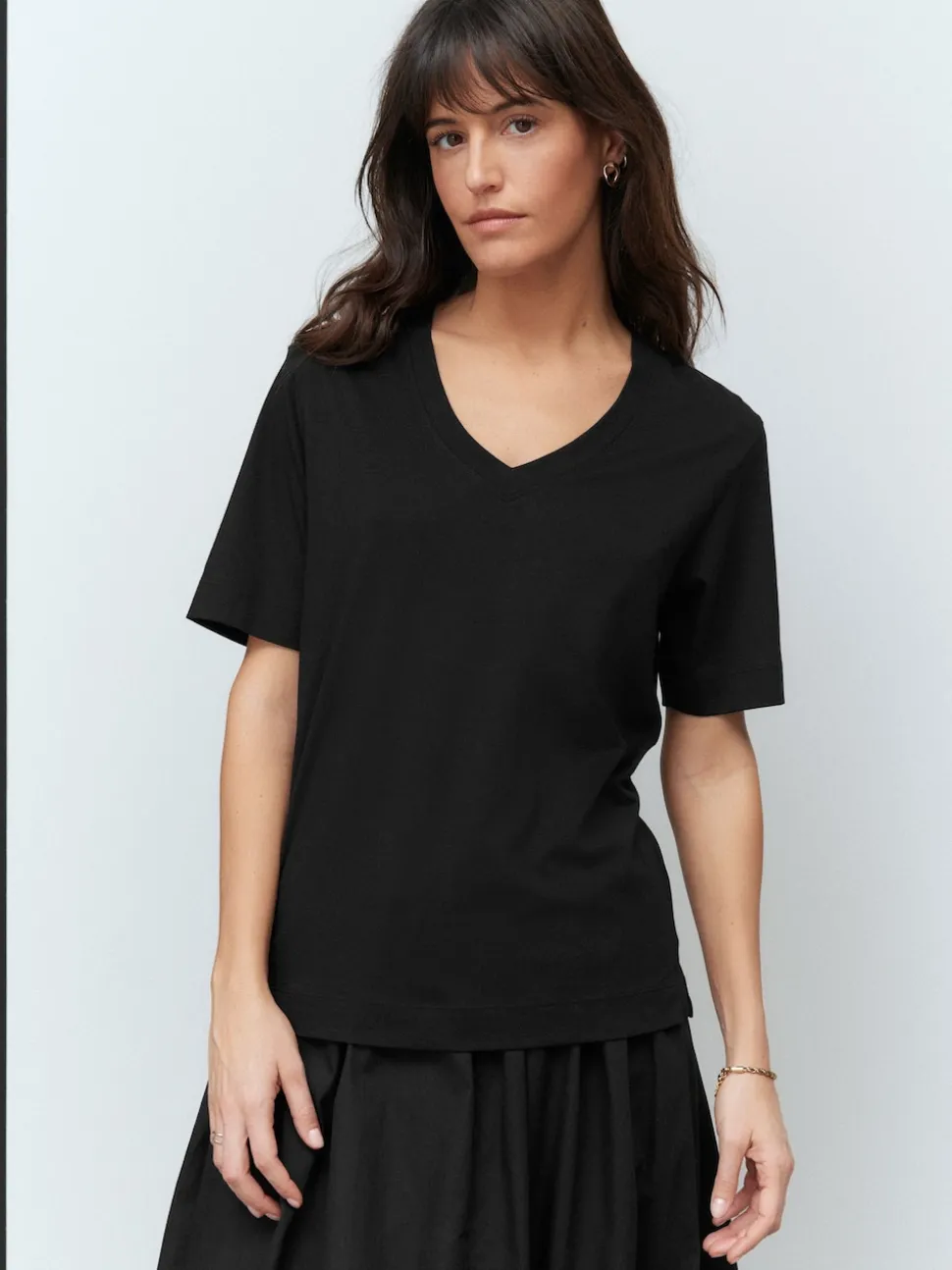 Black Cotton Modal Slouch V-Neck T-Shirt