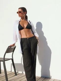 Black Crinkle Textured Wide Leg Trousers With Linen