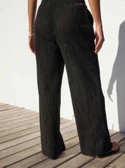 Black Crinkle Textured Wide Leg Trousers With Linen