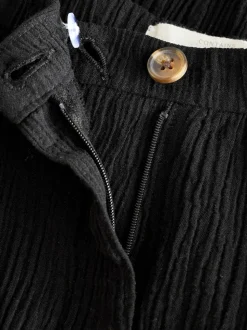 Black Crinkle Textured Wide Leg Trousers With Linen