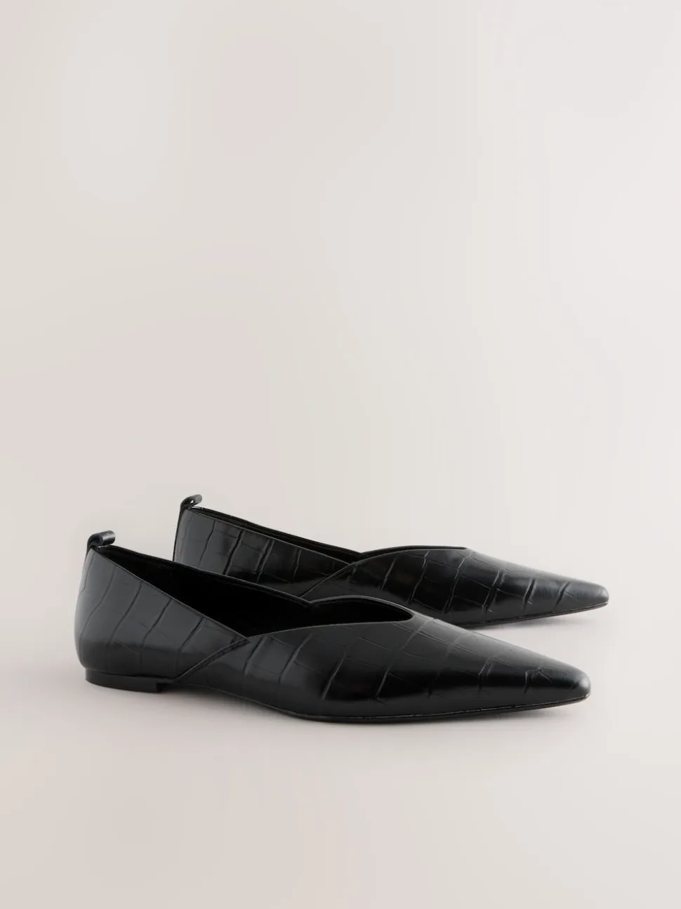 Black Croc Effect Premium Leather Pointed Toe Ballerinas
