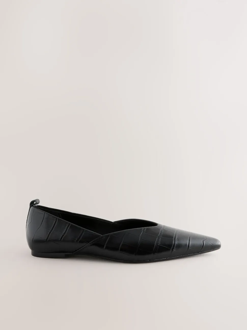 Black Croc Effect Premium Leather Pointed Toe Ballerinas