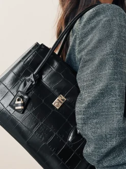 Black Croc Effect Shoulder Bag