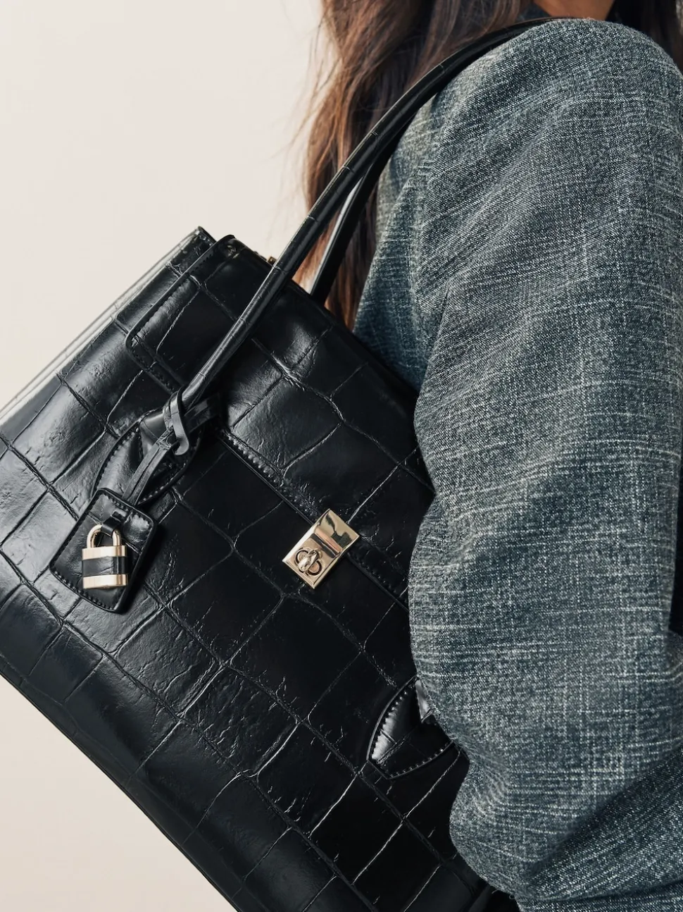 Black Croc Effect Shoulder Bag