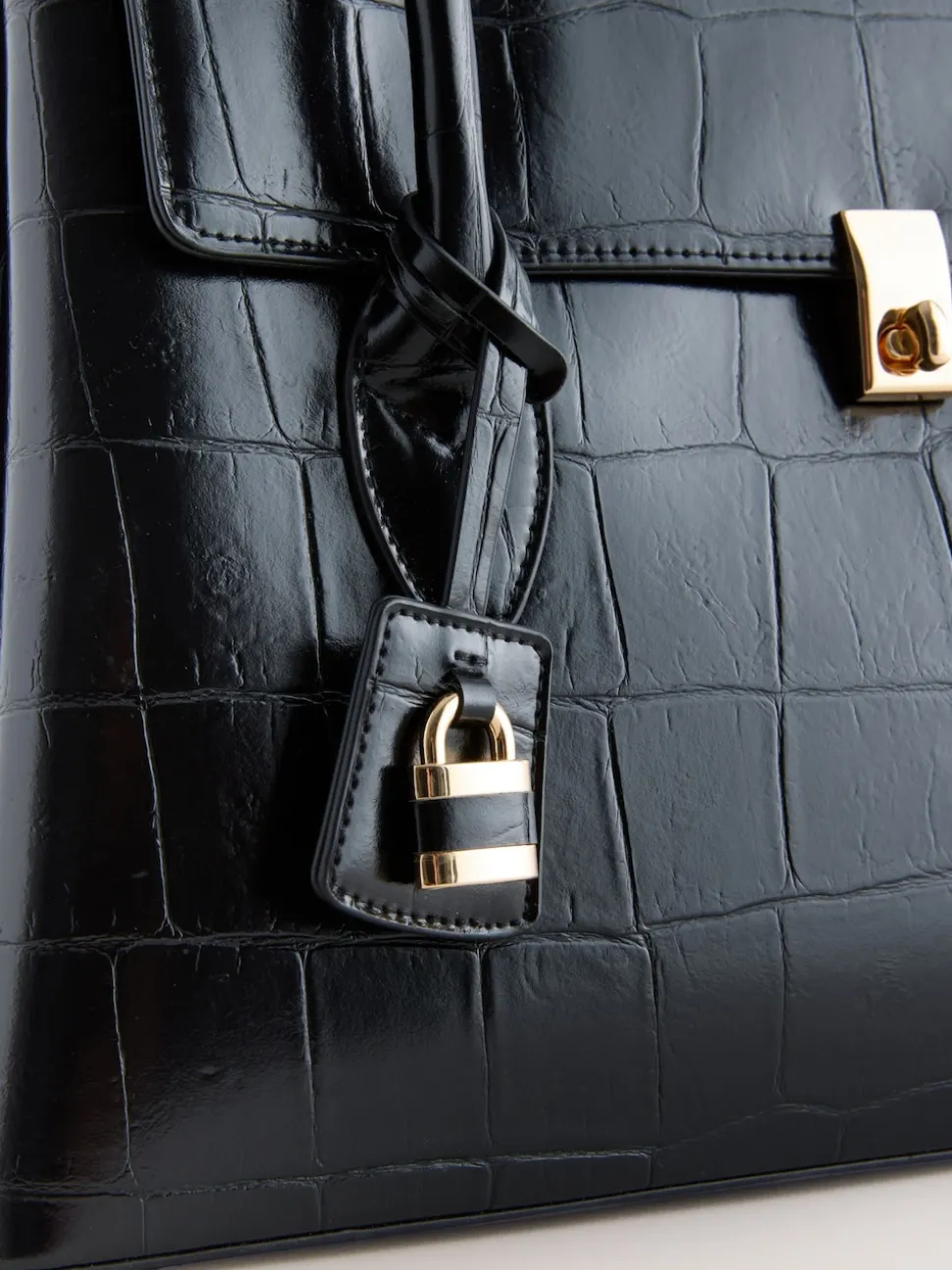 Black Croc Effect Shoulder Bag