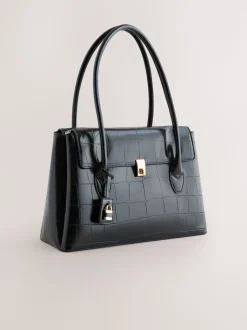 Black Croc Effect Shoulder Bag