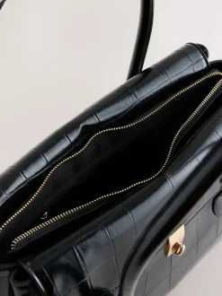 Black Croc Effect Shoulder Bag