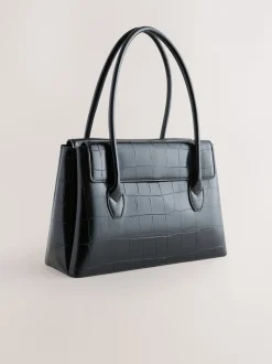 Black Croc Effect Shoulder Bag