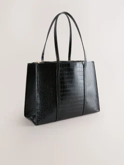 Black Croc Effect Structured Tote Bag