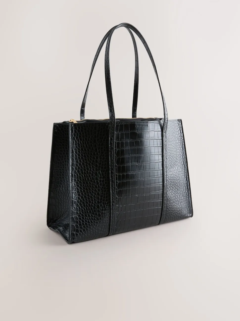 Black Croc Effect Structured Tote Bag