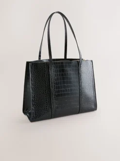Black Croc Effect Structured Tote Bag