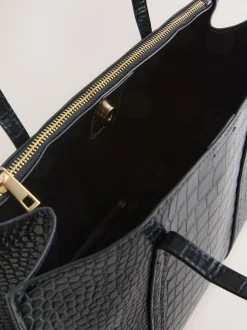 Black Croc Effect Structured Tote Bag