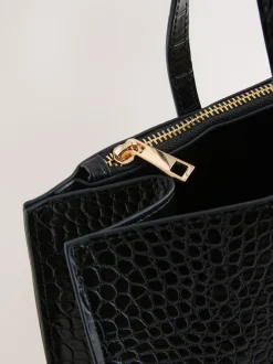 Black Croc Effect Structured Tote Bag
