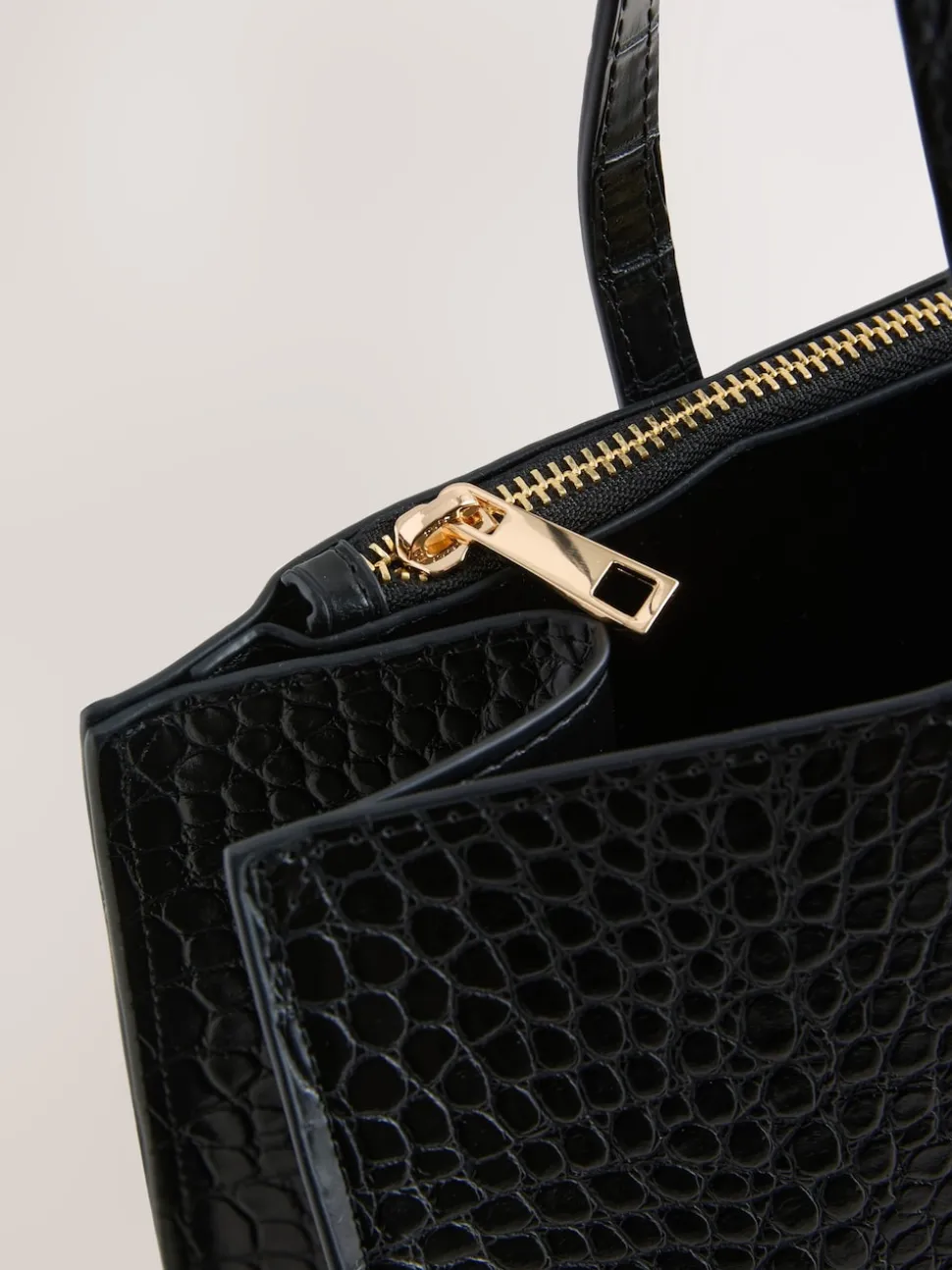 Black Croc Effect Structured Tote Bag