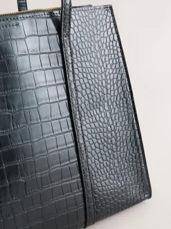 Black Croc Effect Structured Tote Bag