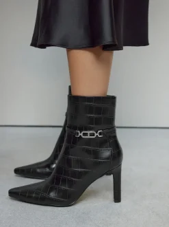 Black Croc Embossed Forever Comfort® Hardware Trim Heeled Ankle Boots