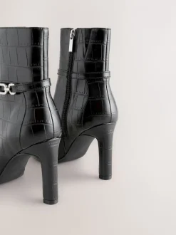 Black Croc Embossed Forever Comfort® Hardware Trim Heeled Ankle Boots