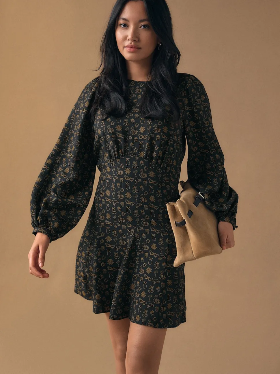 Black Croissant Print Mini Long Sleeve A-Line Seam Detail Dress