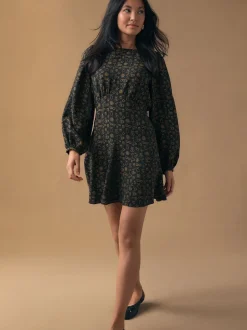 Black Croissant Print Mini Long Sleeve A-Line Seam Detail Dress