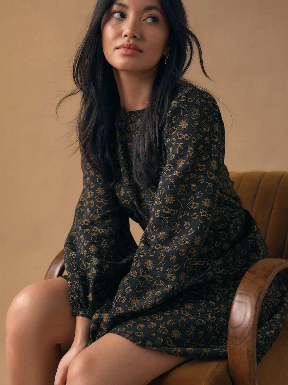 Black Croissant Print Mini Long Sleeve A-Line Seam Detail Dress